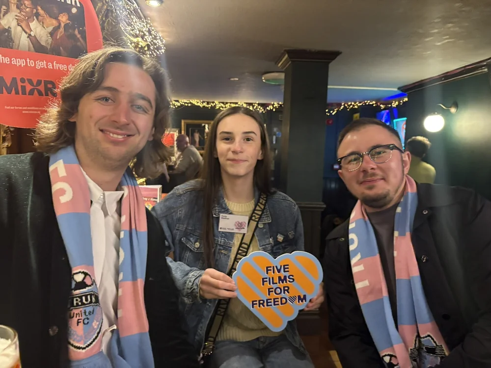 Director Cameron Richards, TRUK United player Emily and Director Charlie Tidmas