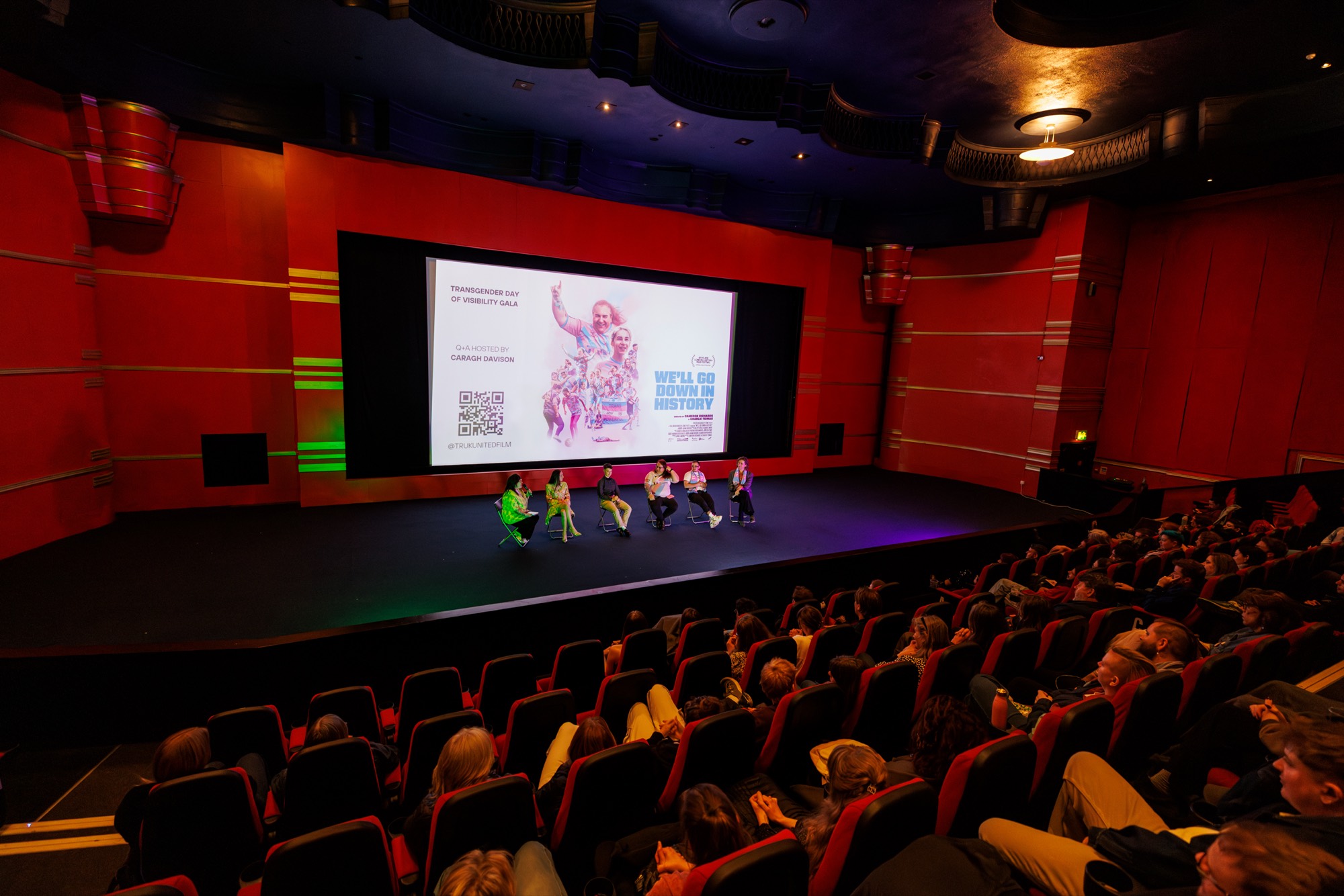 Screening audience and stage panel with We'll Go Down in History on screen (caption to come)