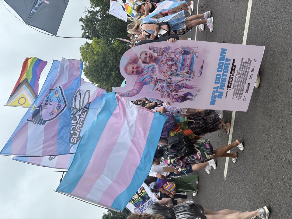 Trans flags flying at an outdoor march