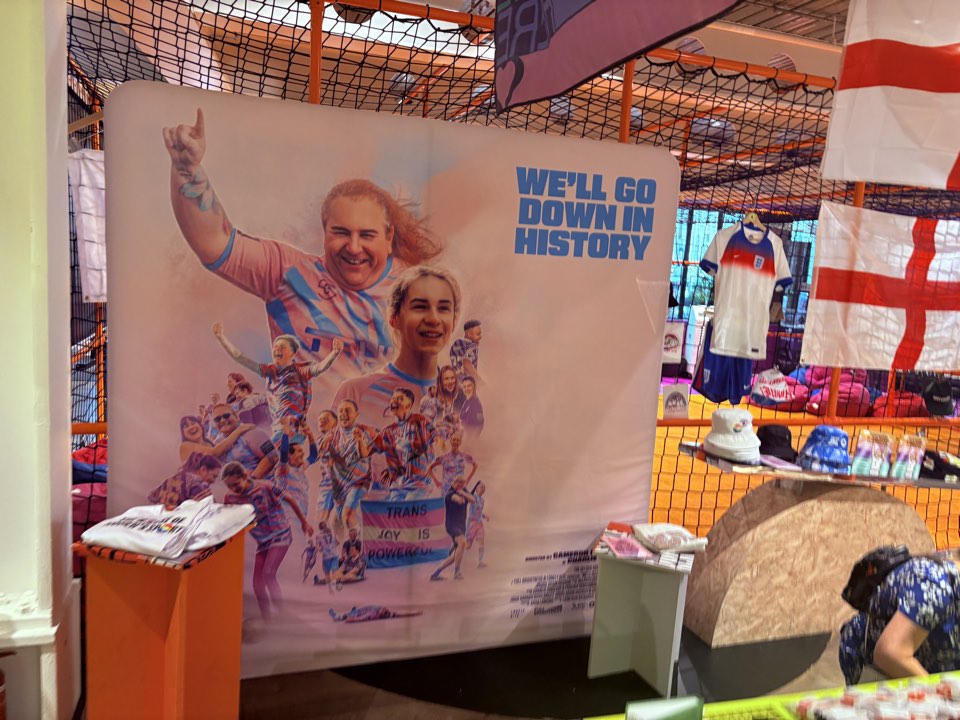 Film banner and flag inside a sports bar